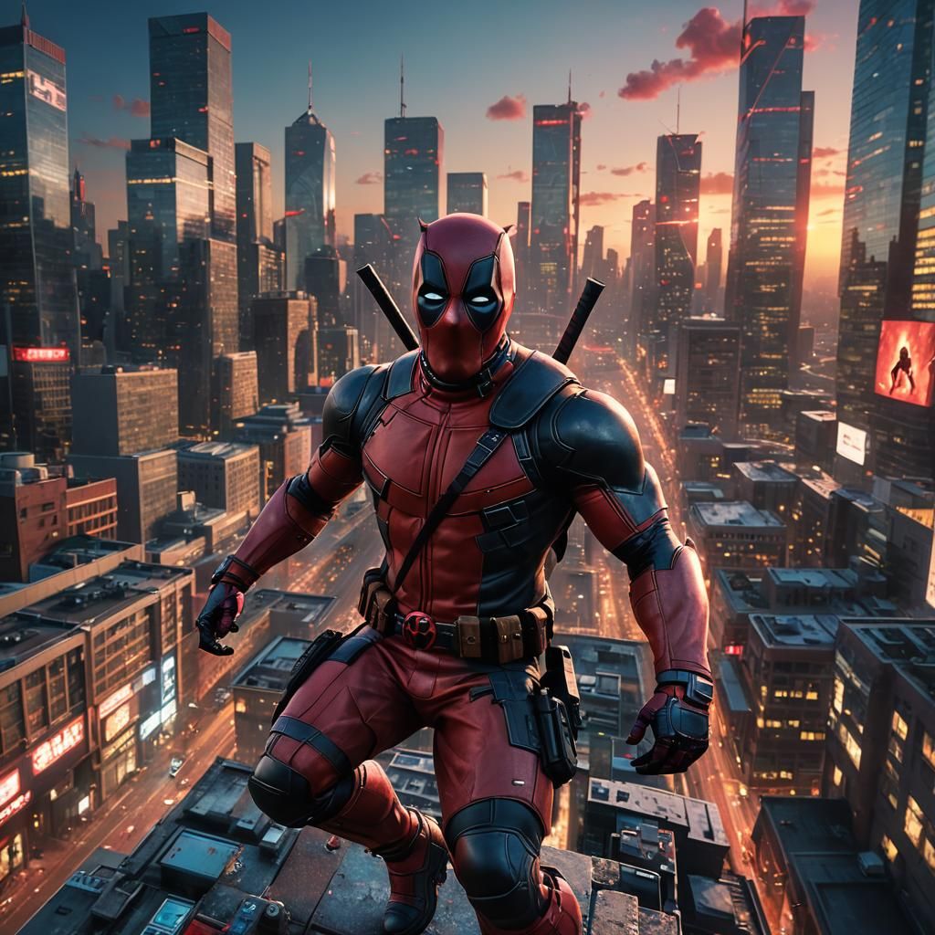 Deadpool Against Sunset Cityscape: Digital Matte Painting