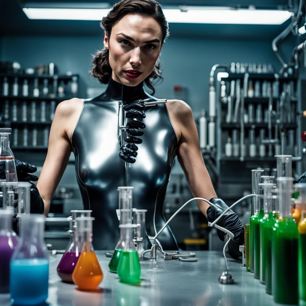 Gal Gadot in Latex Catsuit Lab Experiment