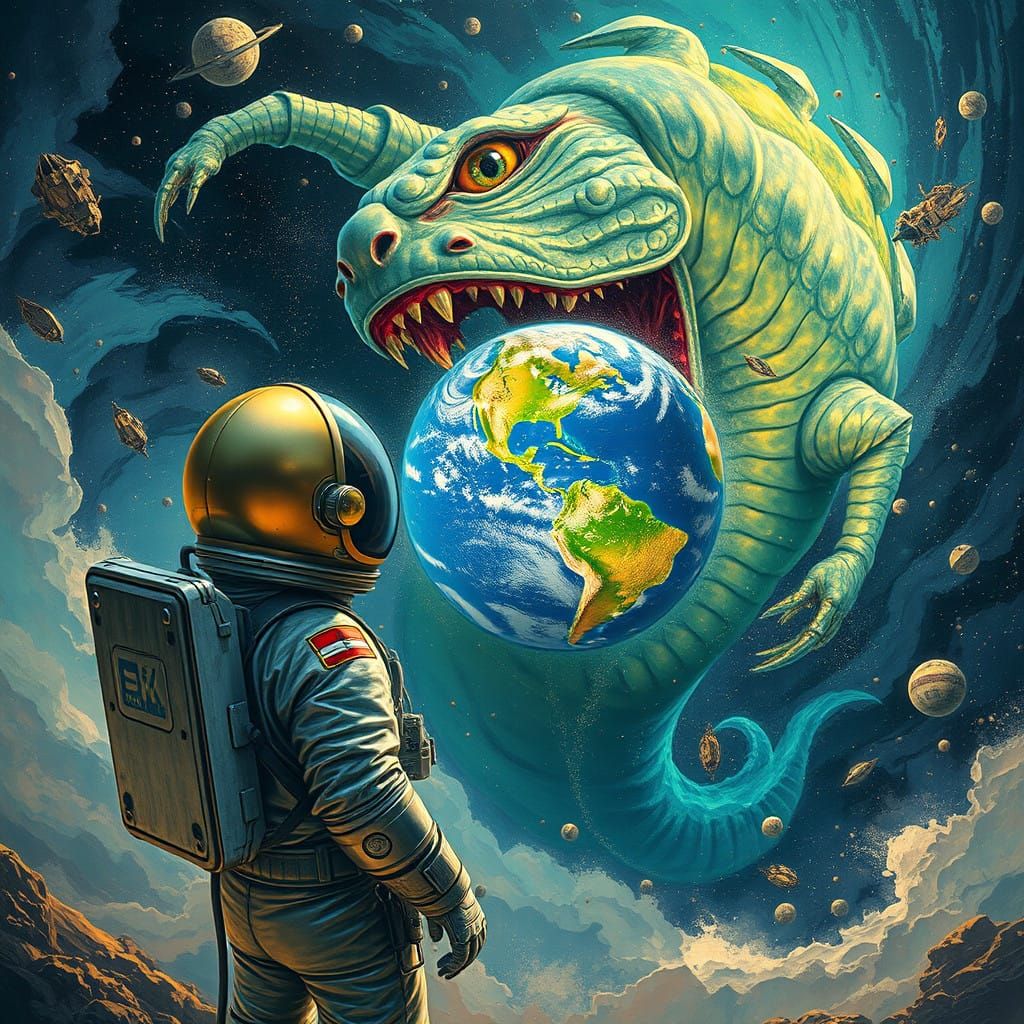 Astronaut Watches as Space Monster Devours a Vibrant Earth i...