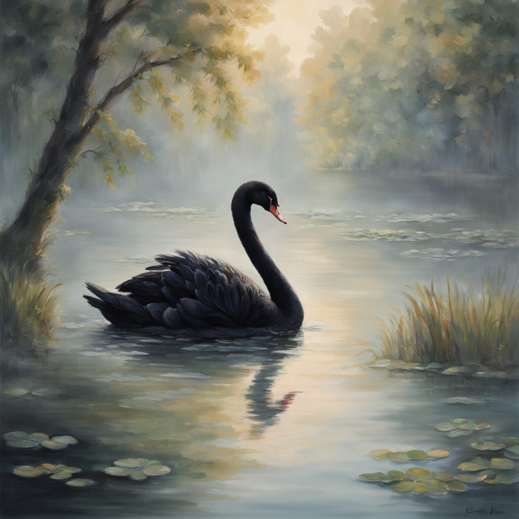 Serene Black Swan on a Misty Morning Lake