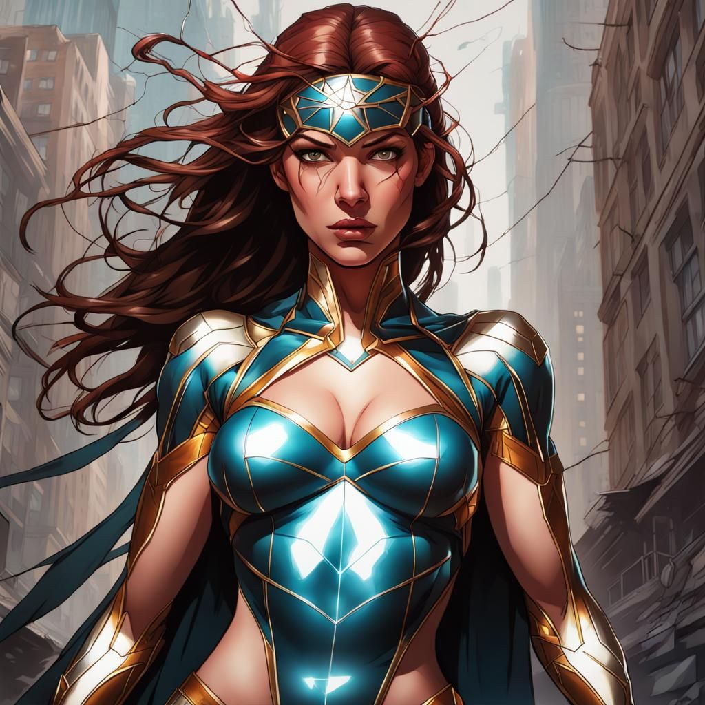 Now the super heroine has surrendered to the attack of the spiders who have definitively defeated her. Her arms tied abo...