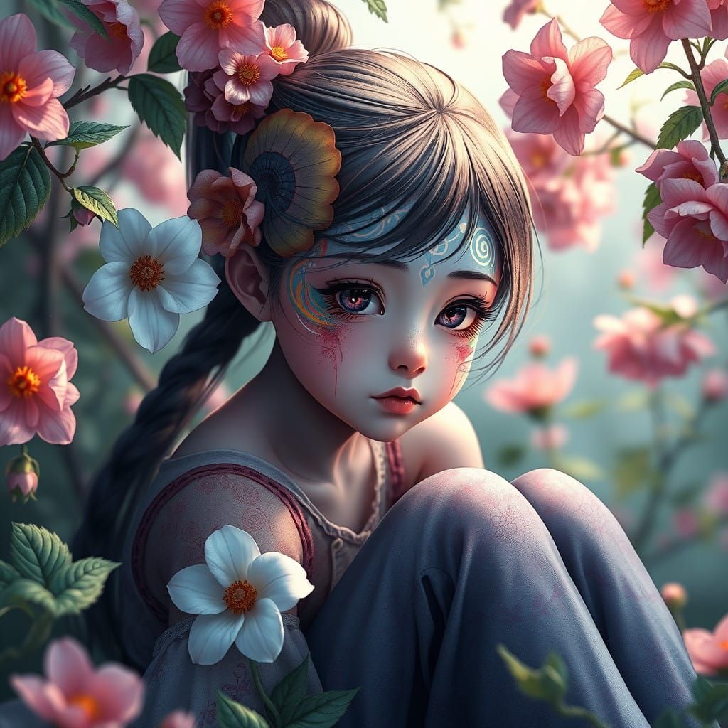 Girl in Vibrant Floral Wonderland