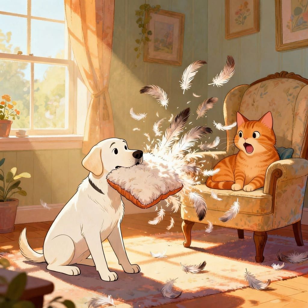 Dog with Cushion Creates Feather Chaos, Cat Watches