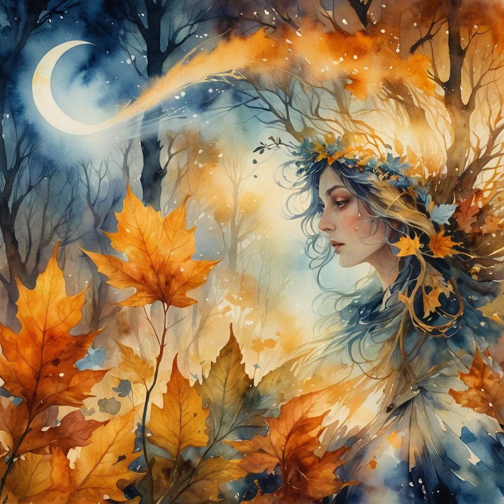 Eerie Woman in Dreamlike Forest: Watercolor Organicpunk