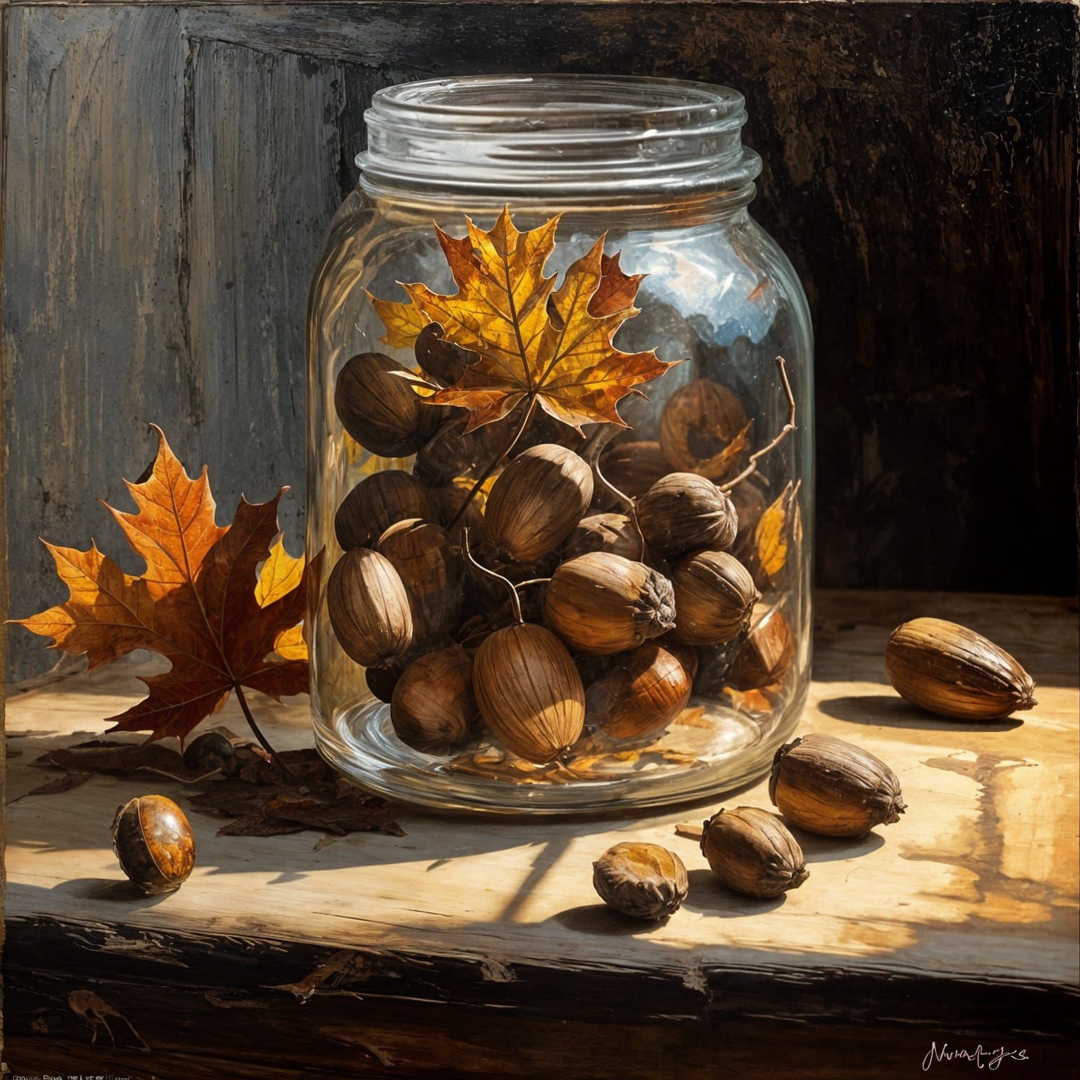 Autumnal Mason Jar Still Life as Oil Painting