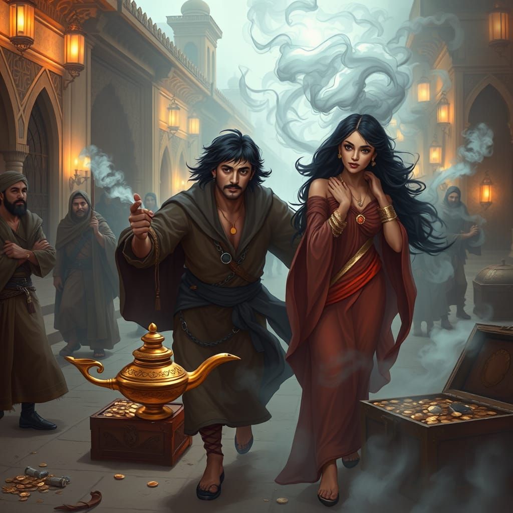 Arabian Thief Meets Majestic Genie in a Dreamlike Desert Sce...