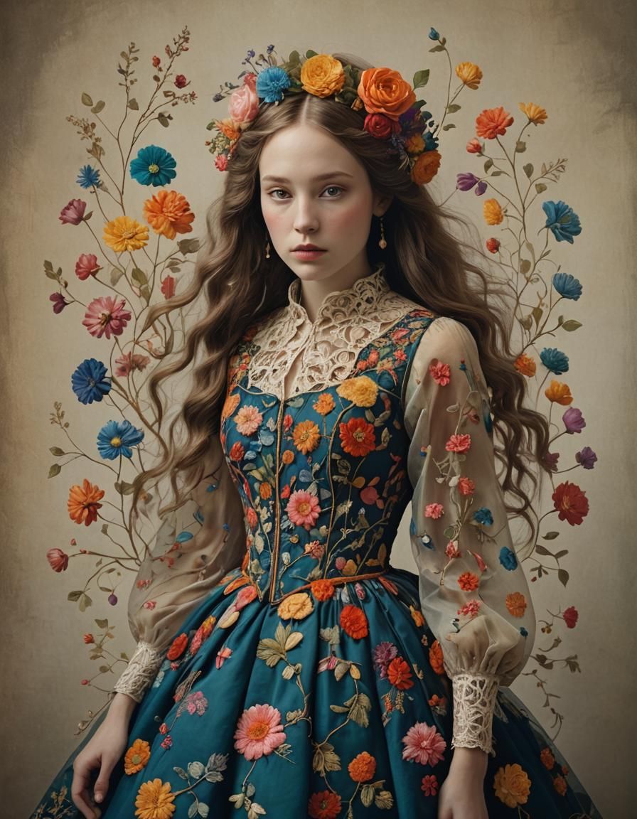 Elegant Woman in Embroidered Dress, Ink Drawing