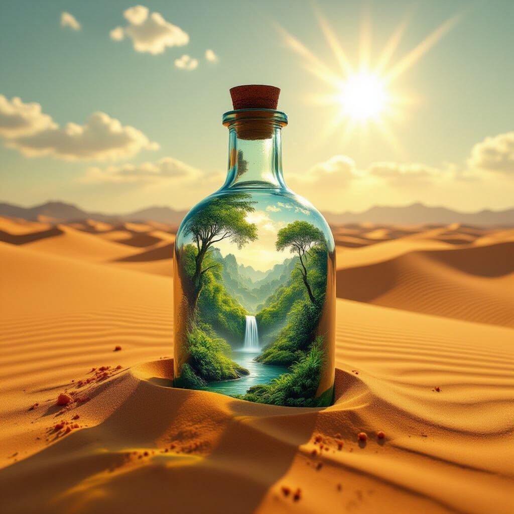 Desert Bottle Oasis: Hyperrealistic Digital Painting