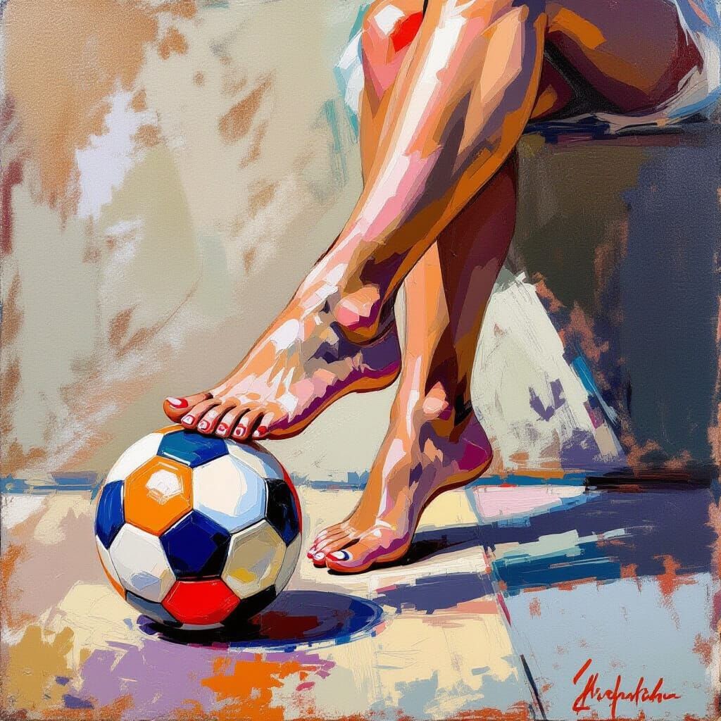 Gouache Painting of Pedicure Kicking Dutch Flag Ball