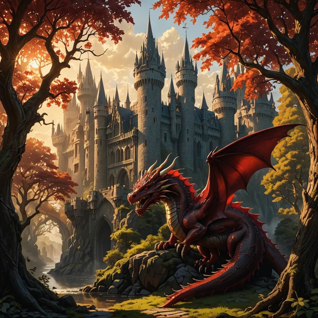 Gothic Castle with Red Dragon in Sunlight