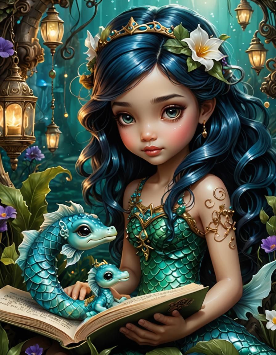 Enchanting Mermaid Reads to Seahorse: Digital Art