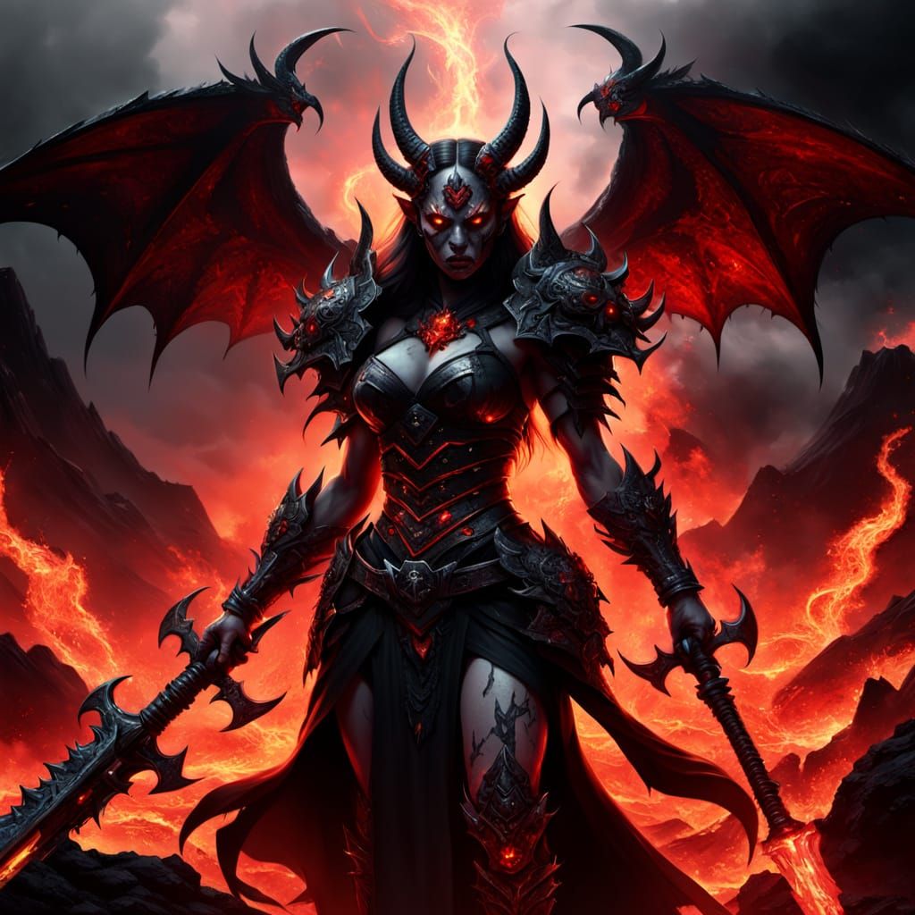 Epic Demon Warrior in Hellish Landscape