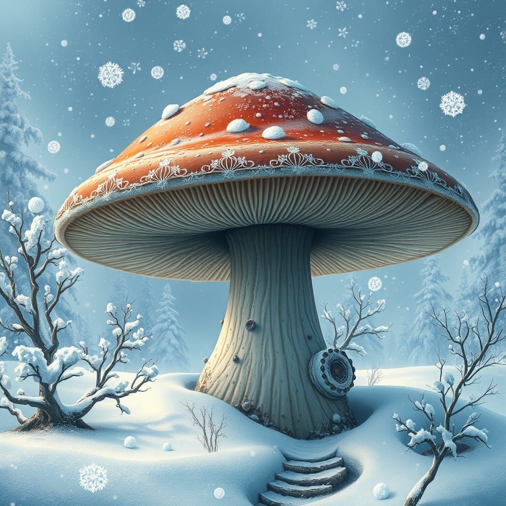 Majestic Giant Mushroom in Whimsical Winter Wonderland