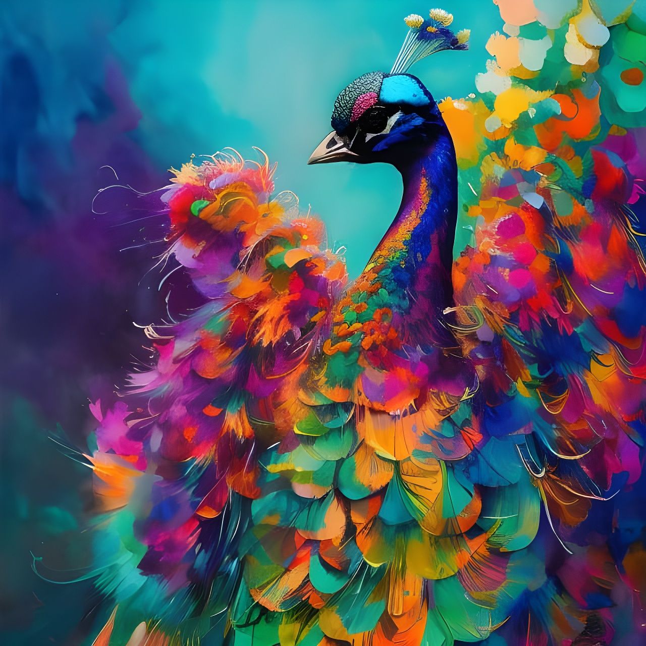 Colorful Peacock Portrait in Acrylic Watercolor Style