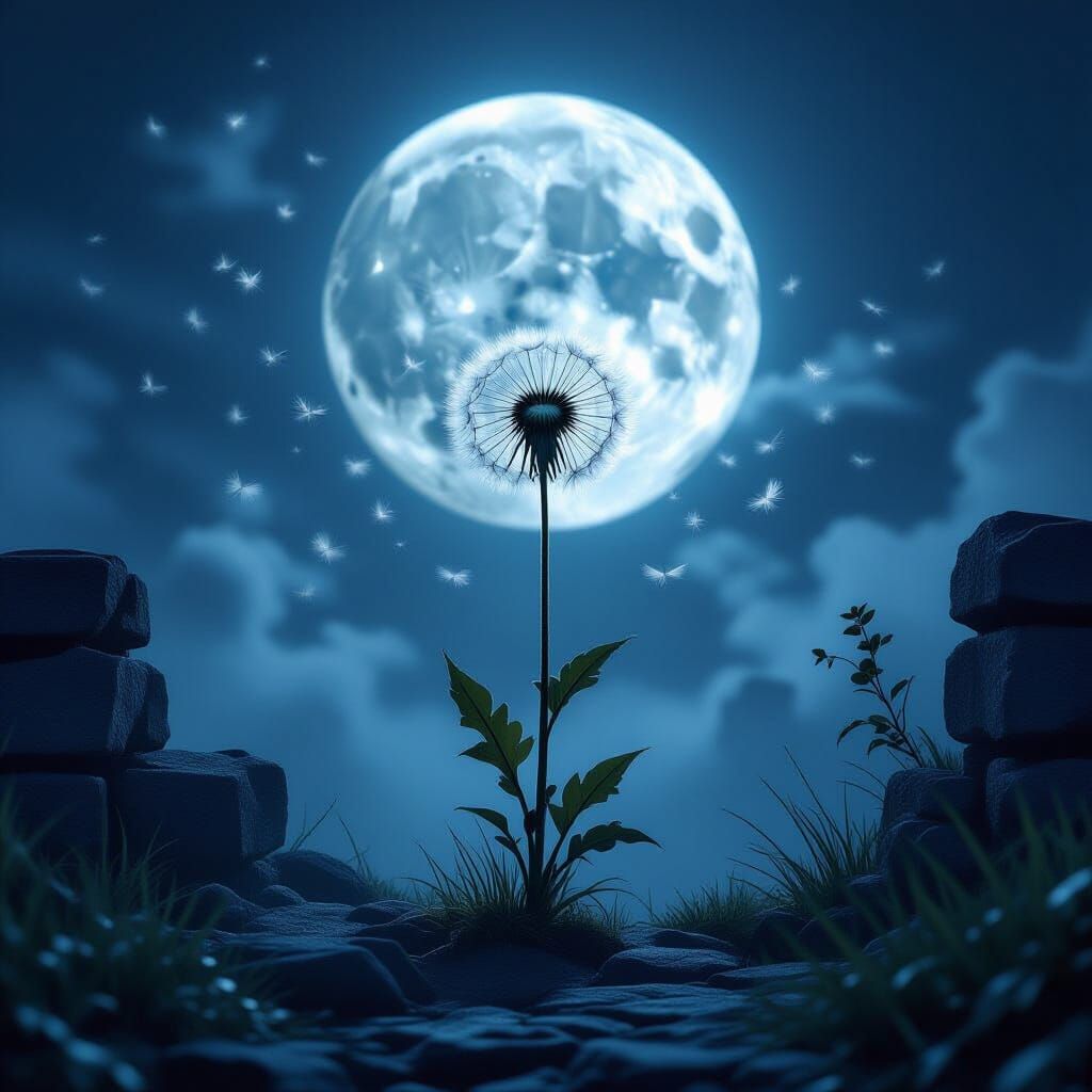 Dandelion Seeds Become Moths in Moonlit Fantasy