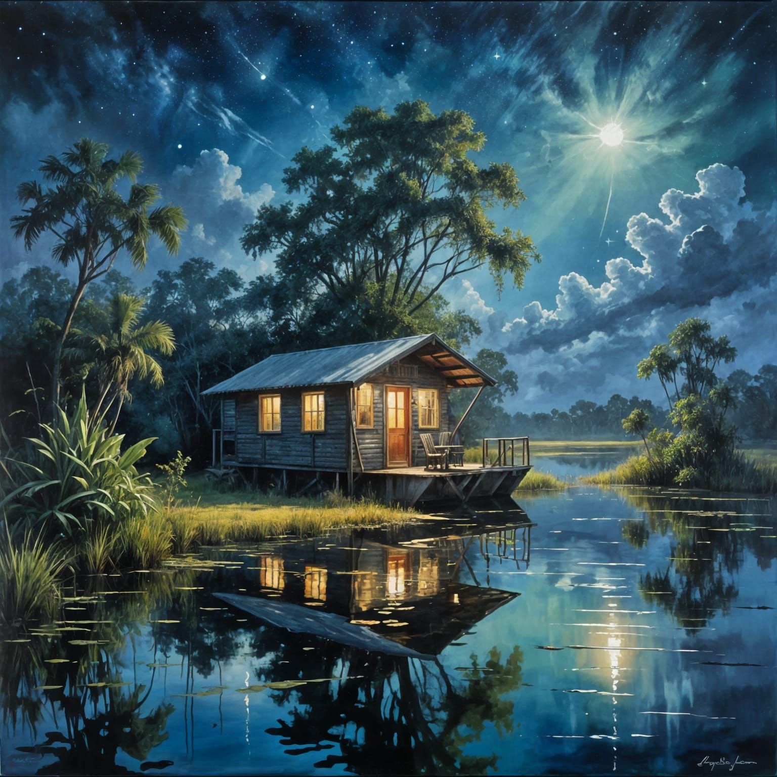Florida Everglades Cabin at Night, Oil Painting