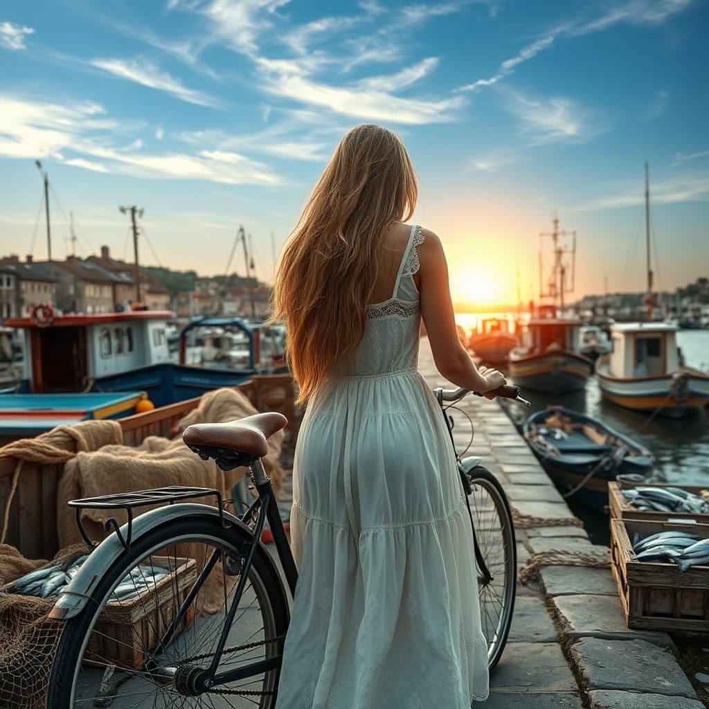 Harbor Scene at Dawn with Woman and Bicycle