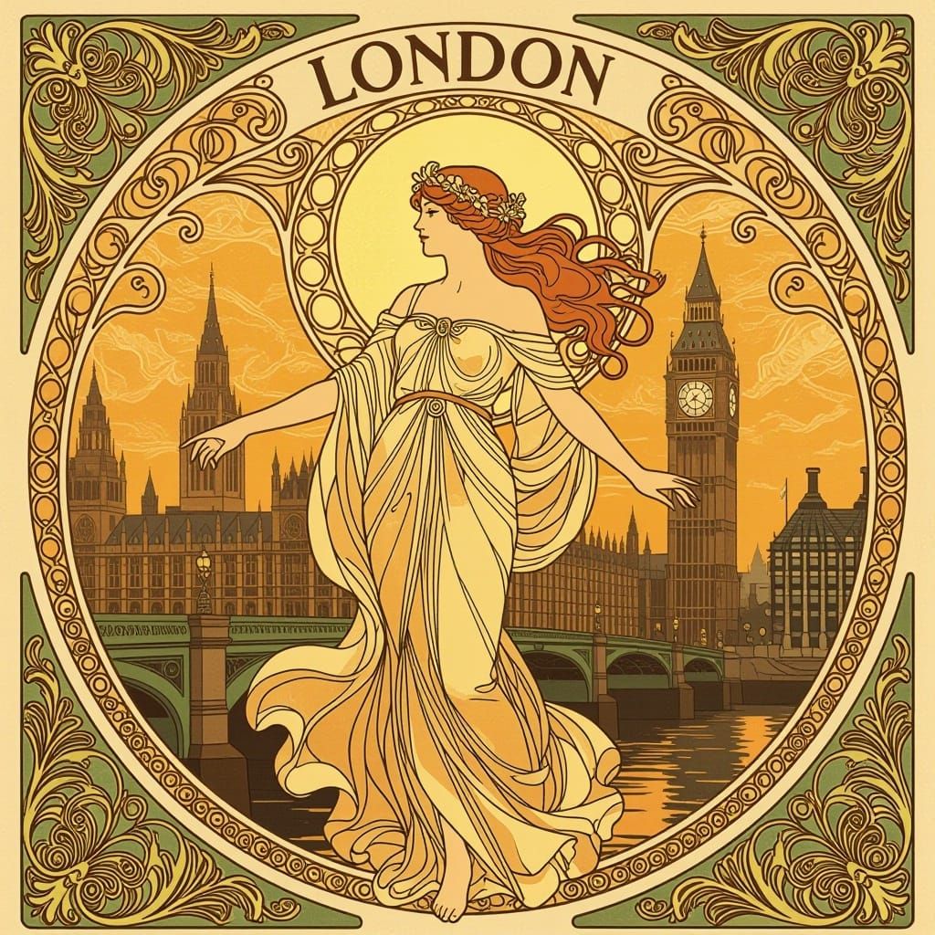 Art Nouveau London City Spirit with Golden Glow
