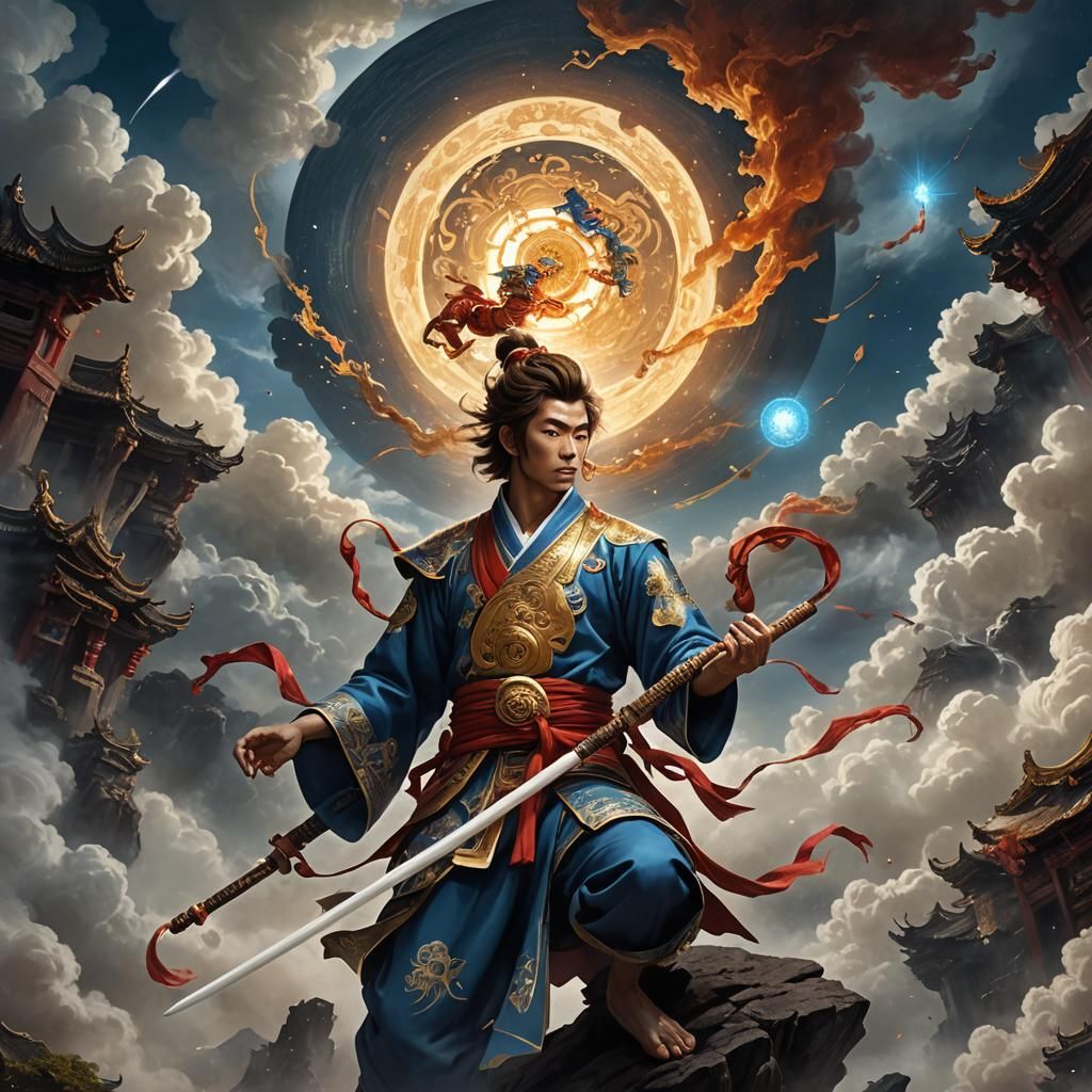 High School God in Cosmic Cloud: Detailed Matte Painting