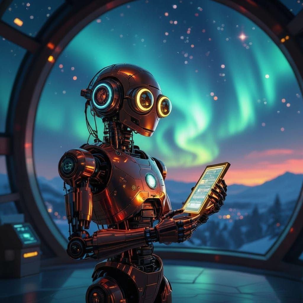 Retro-Futuristic Automaton Under Aurora Borealis