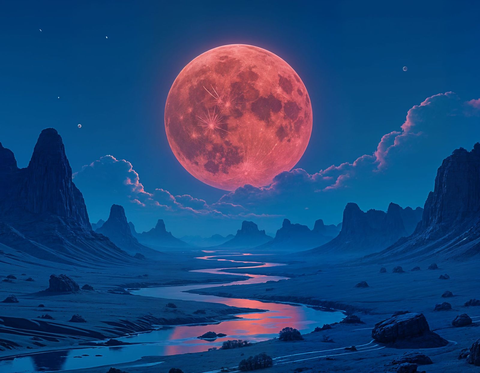 Cobalt Landscape Under Crimson Moon