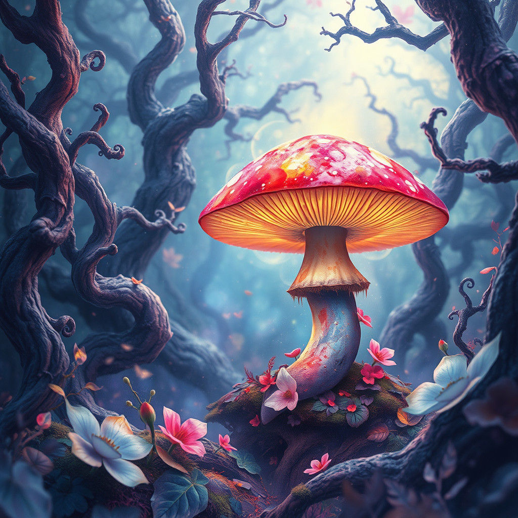 Glowing Mushroom in Mystical Forest, Watercolor Art