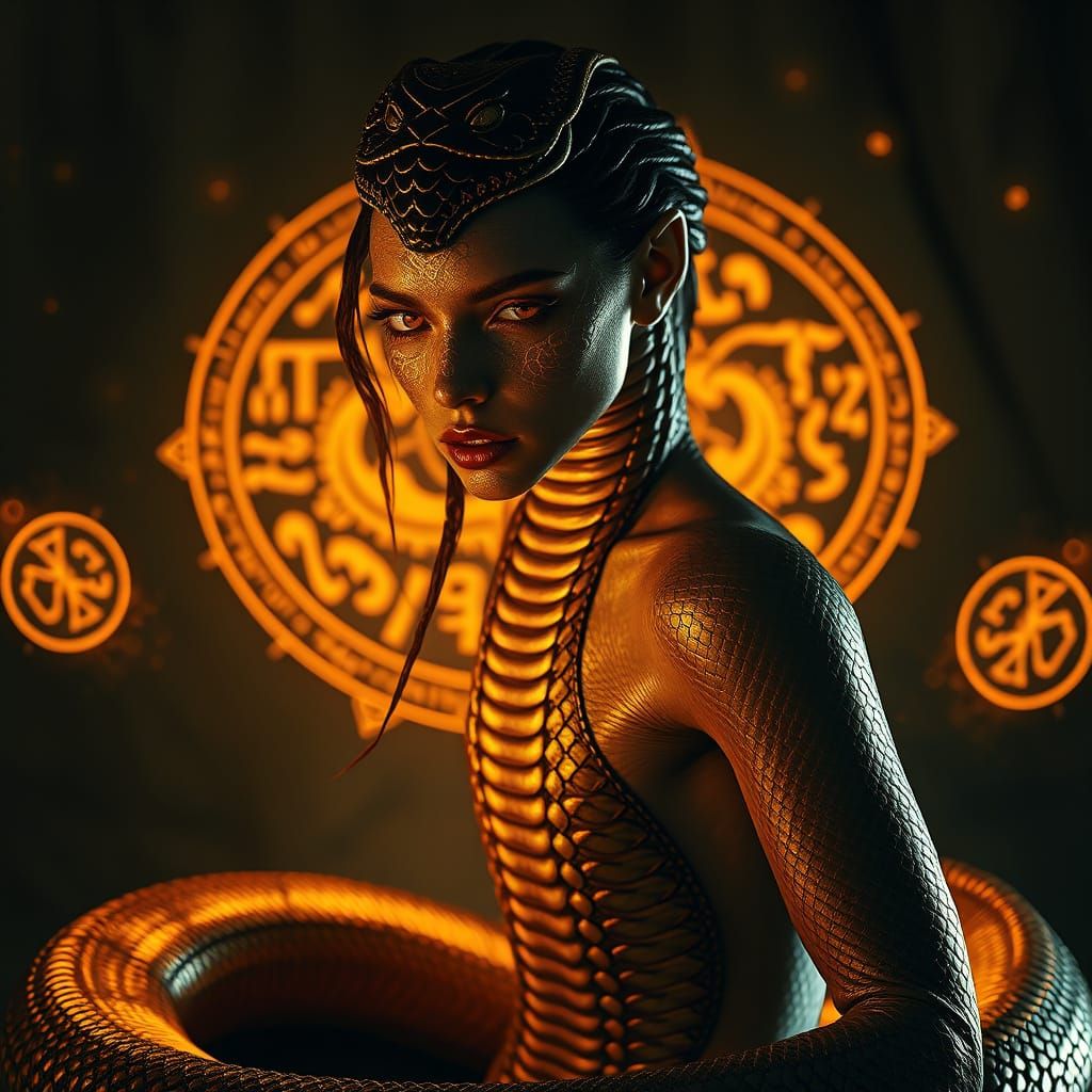 Ethereal Snake Goddess in Iridescent Scales and Golden Light