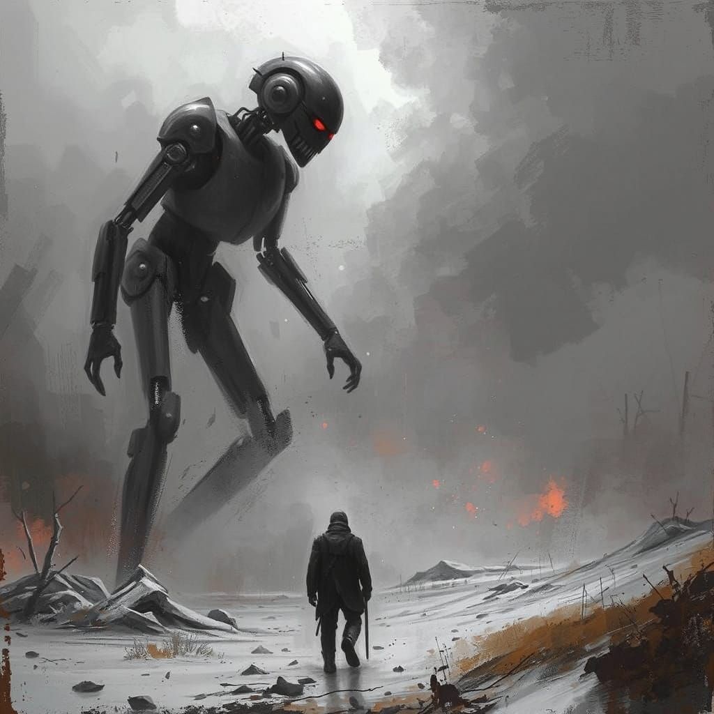 Cyberpunk Robots Fleeing a Futuristic Cityscape