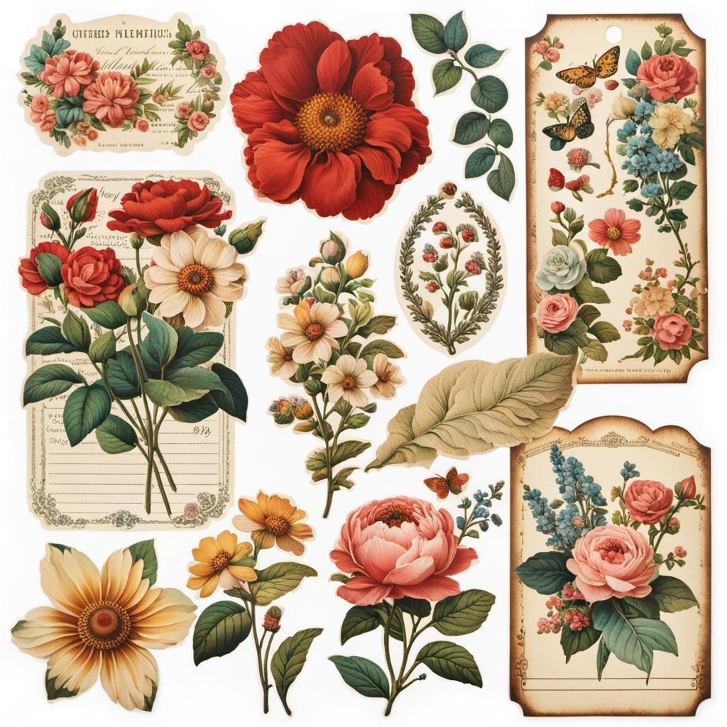 Vintage Floral Ephemera Stickers on White Background