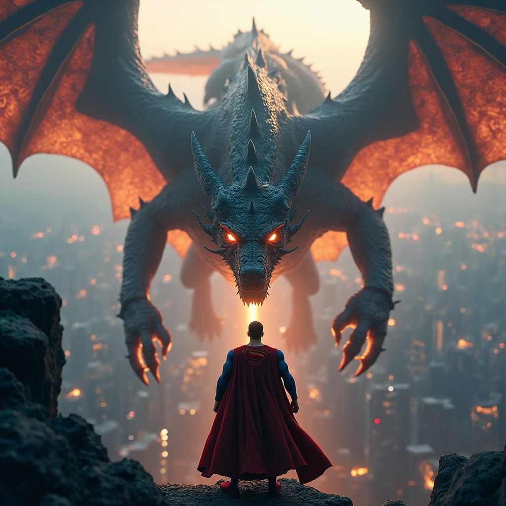 Superman vs Cosmic Dragon in Dark Metropolis