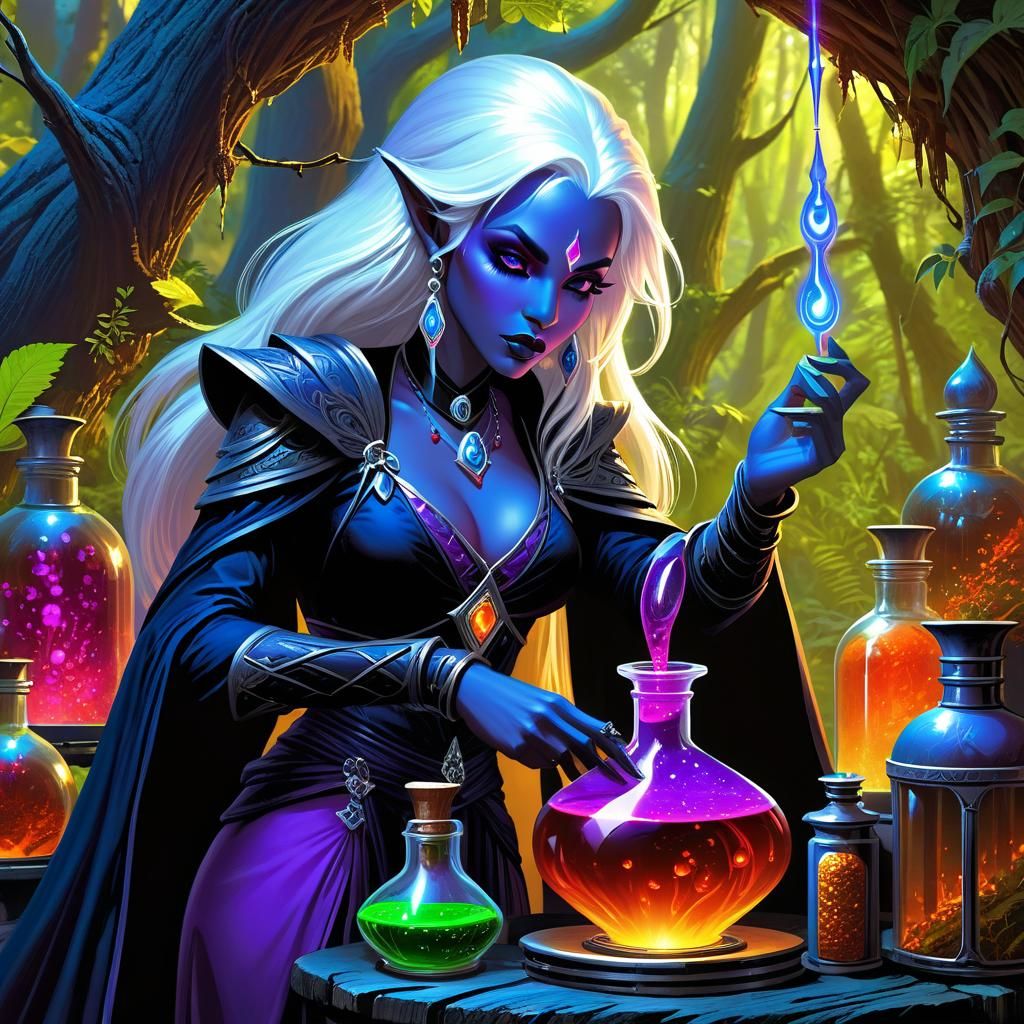 Drow Alchemist Creates Colorful Potion