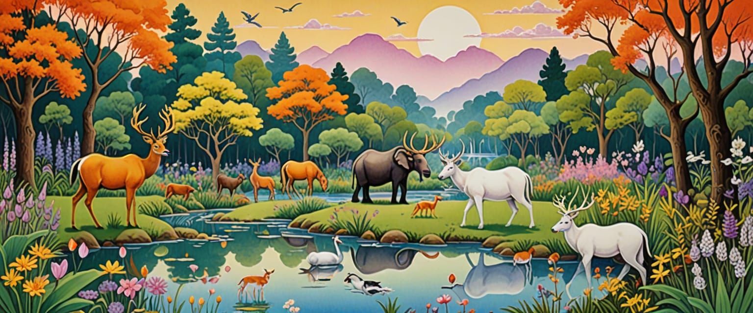 Mystical Forest Glade in Naive Folk Art Style