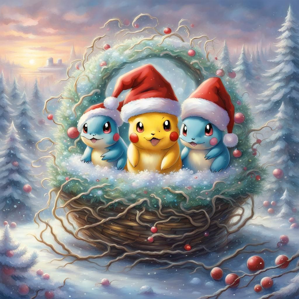 Festive Pokemon in Christmas Nest, Ethereal Fantasy Art