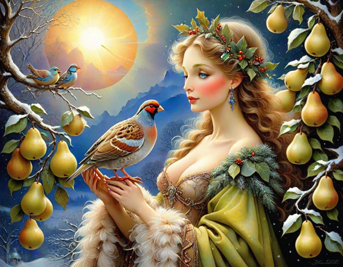 A Victorian Partridge in a Lush Pear Tree Scene