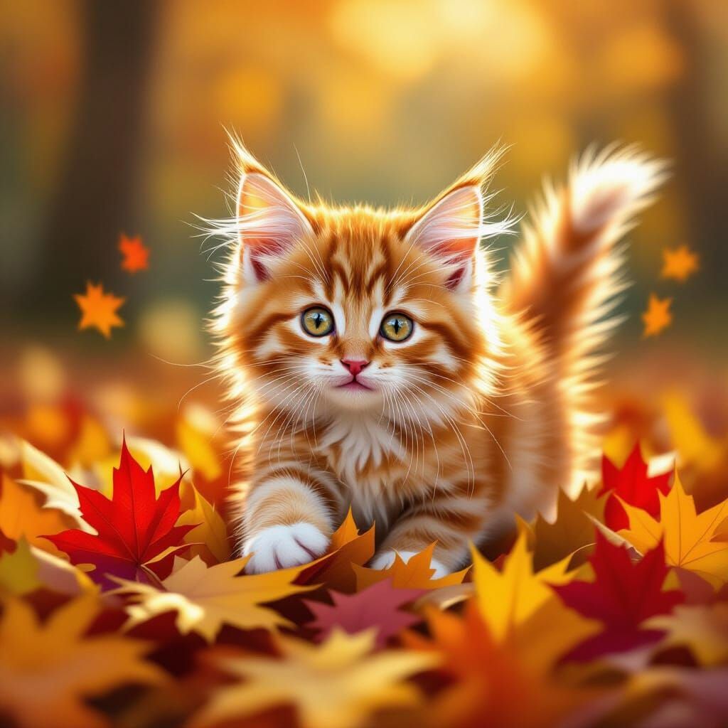 Fluffy Ginger Kitten Plays in Autumn Leaves