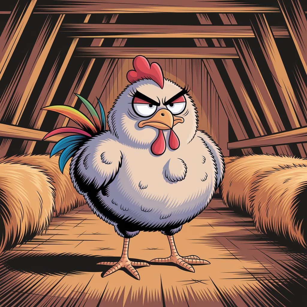 Grumpy Comic Chicken in Barn with Crossed Eyes