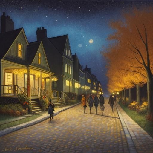Children's Halloween Night: A Whimsical Autumn Painting