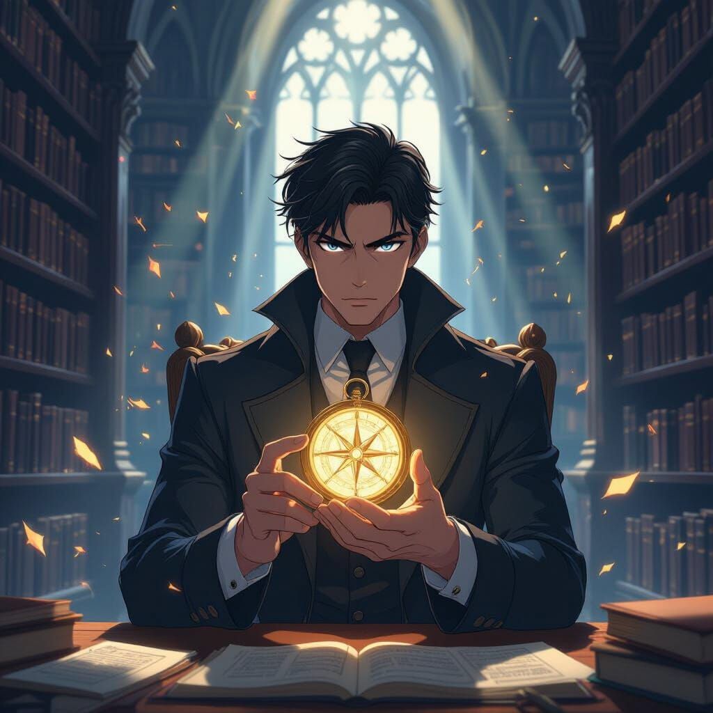 Anime Librarian with Glowing Compass in Ancient Library