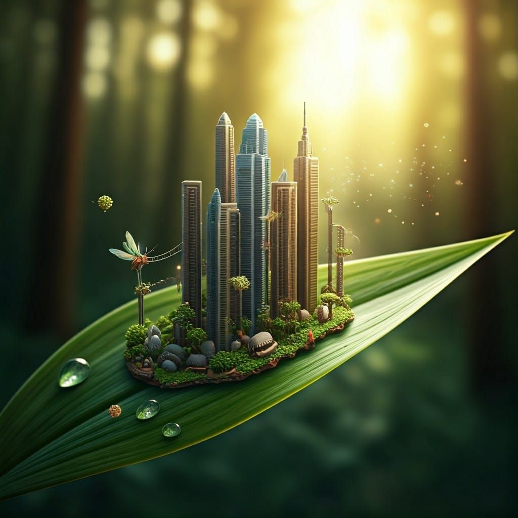 Miniature Metropolis on a Vibrant Green Leaf in Whimsical St...