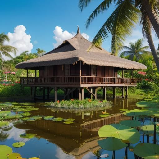 Stilt House with Thatched Roof and Lotus Pond