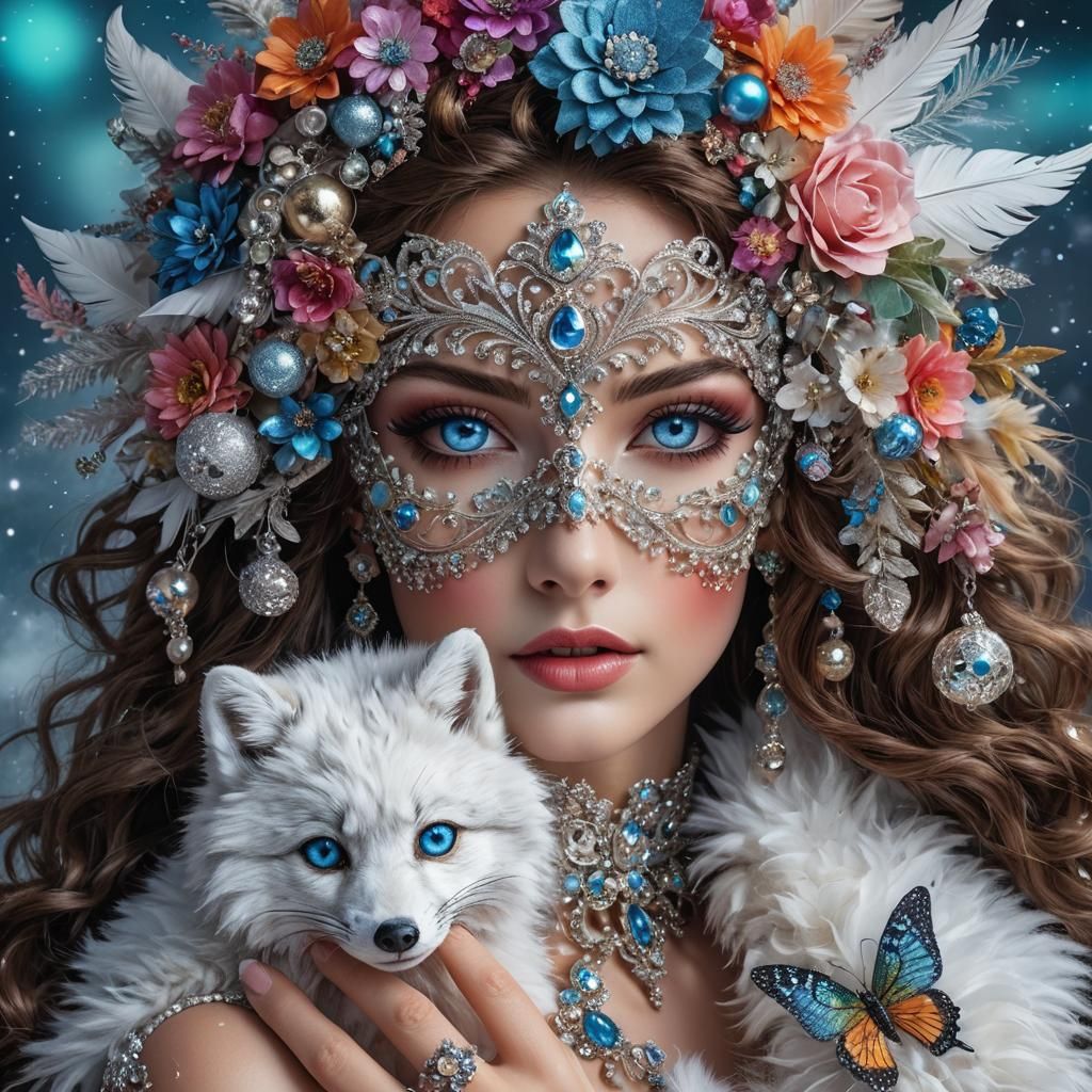 Woman with Arctic Fox in Winter Wonderland