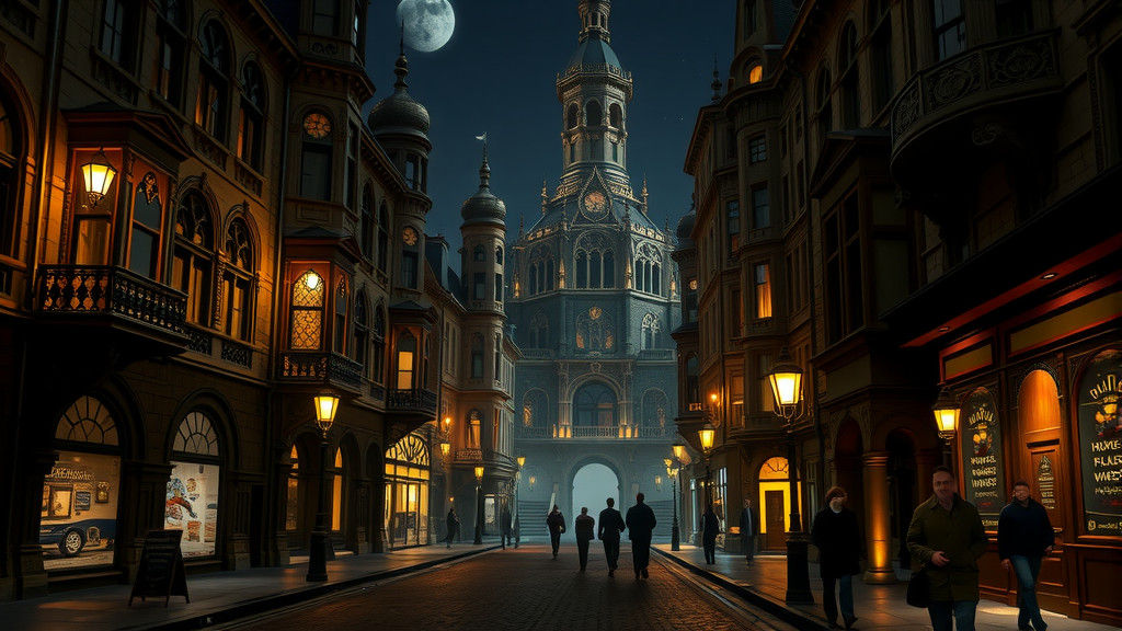 Gothic Victorian City Street at Night, Lit by Lanterns
