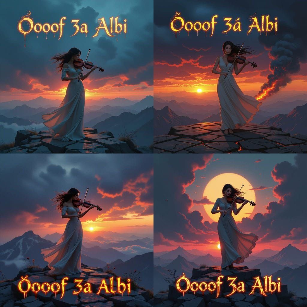 Woman on Cracked Tile Mountain Peak with Violin