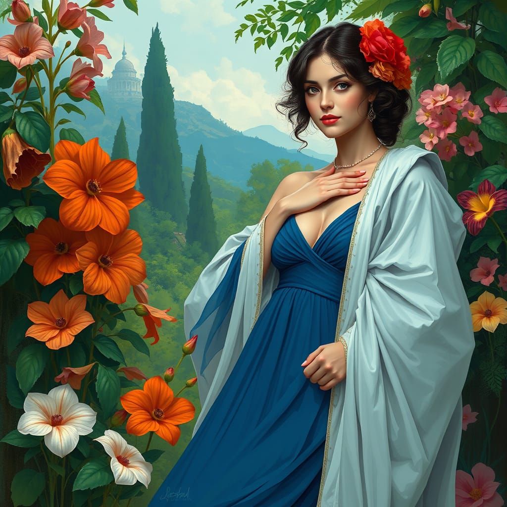 Elegant Lady in Whimsical Botanical Paradise