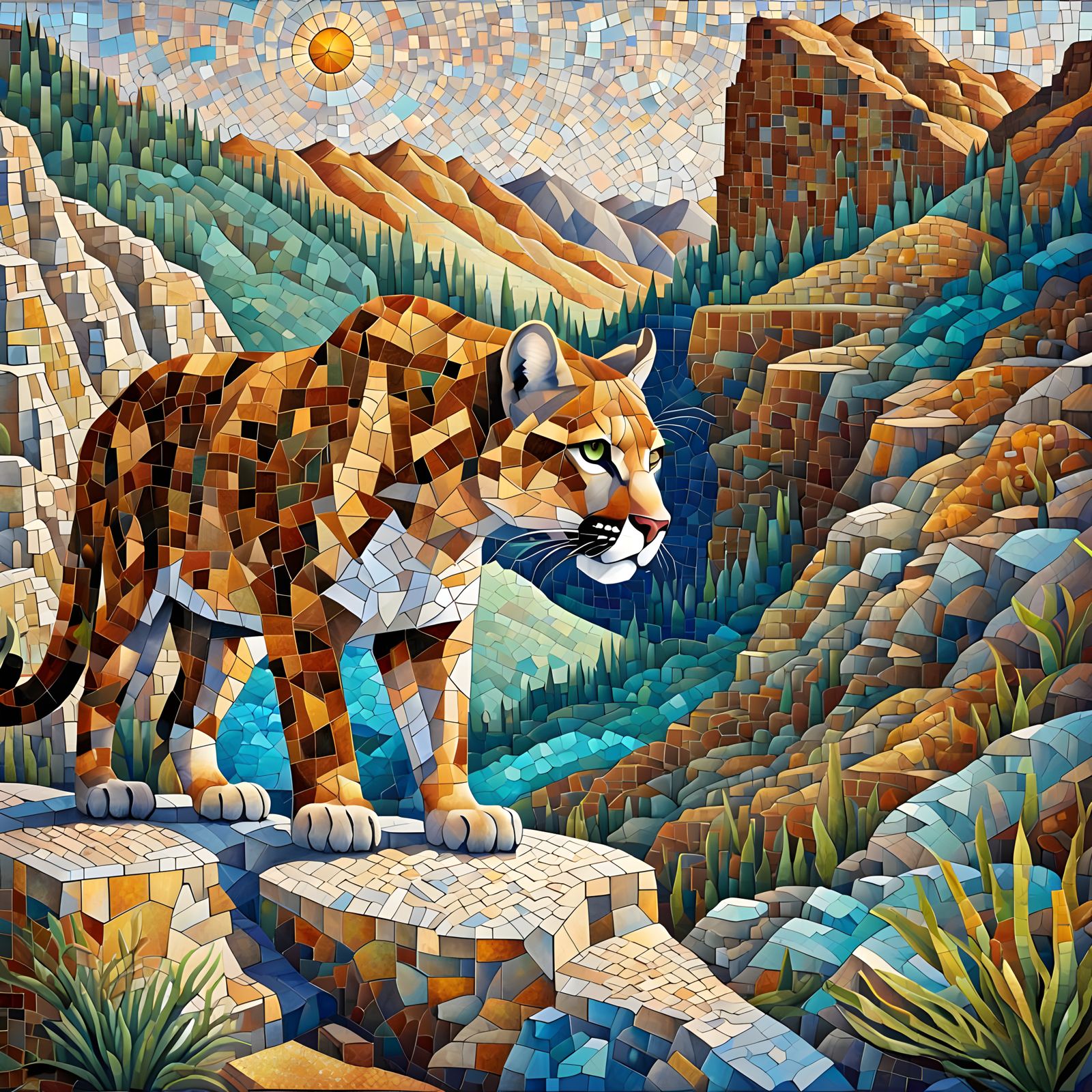 Detailed Mosaic Mountain Lion Overlooking Canyon Landscape