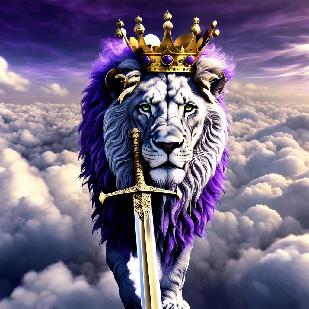 Lion with Gold and Purple Mane Descending from Clouds