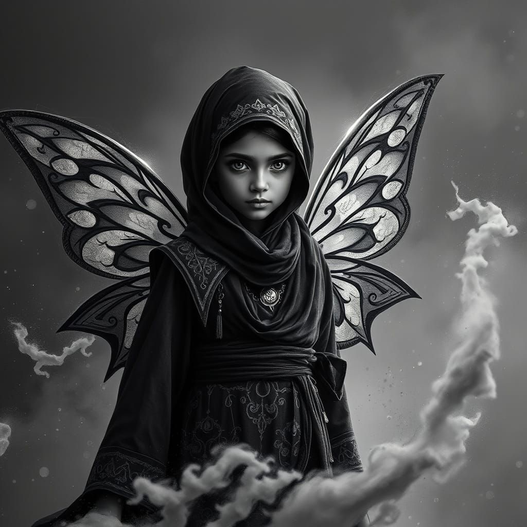 Mysterious Bedouin Fairy in Turbulent Stormy Landscape