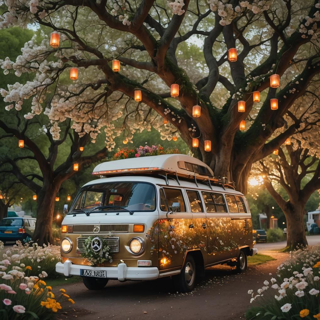 Campervan in Fantastical Landscape, Magical Realism Style