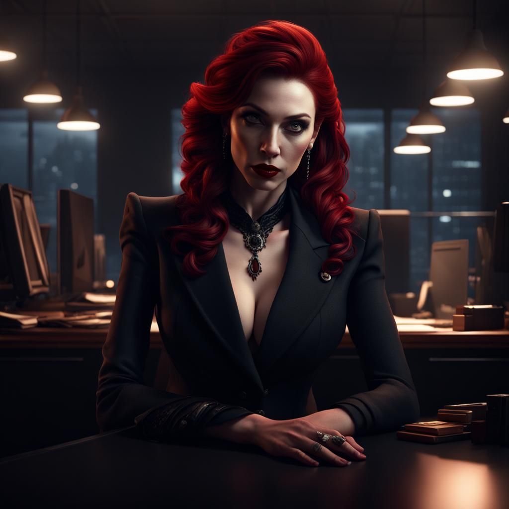 Vampire Mobster in Corporate Office, Detailed Matte Painting