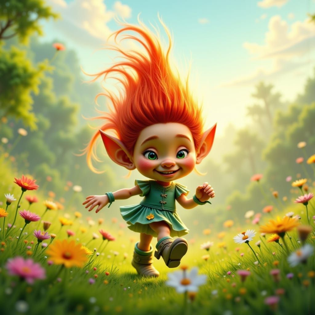 Happy Red-Headed Troll in Sunny Meadow, CGI Cartoon